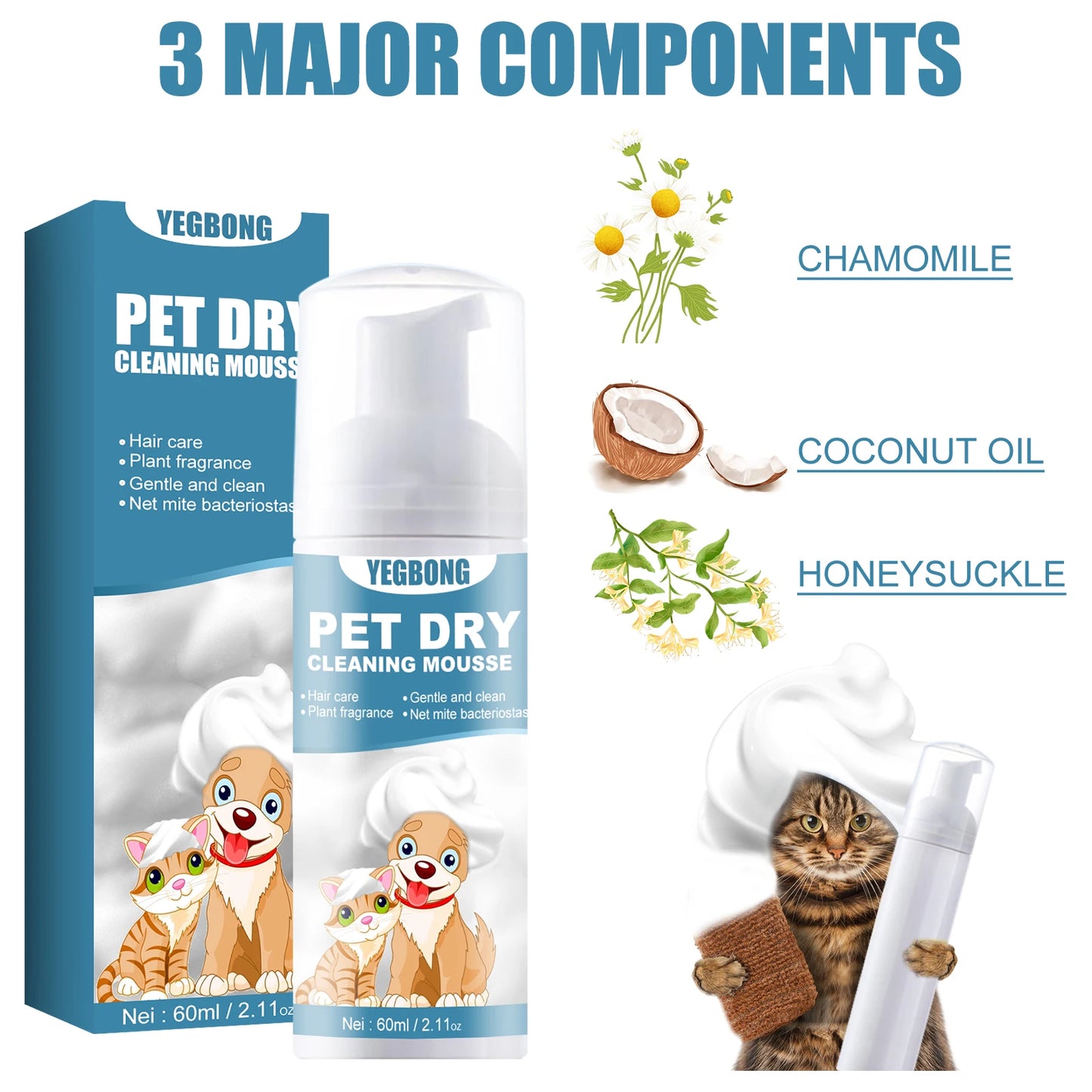 60ml Pet Dry Cleaning Agent Deodorizing Shampoo Waterless Rinse Free Body Wash for Small Animals