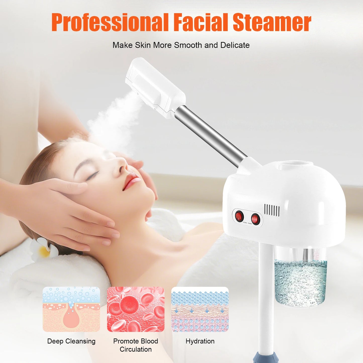 750ml Ozone Facial Steamer Height Adjustable 360 Degree Rotatable Movable Skin Care Equipment for Salon Beauty Spa White Black