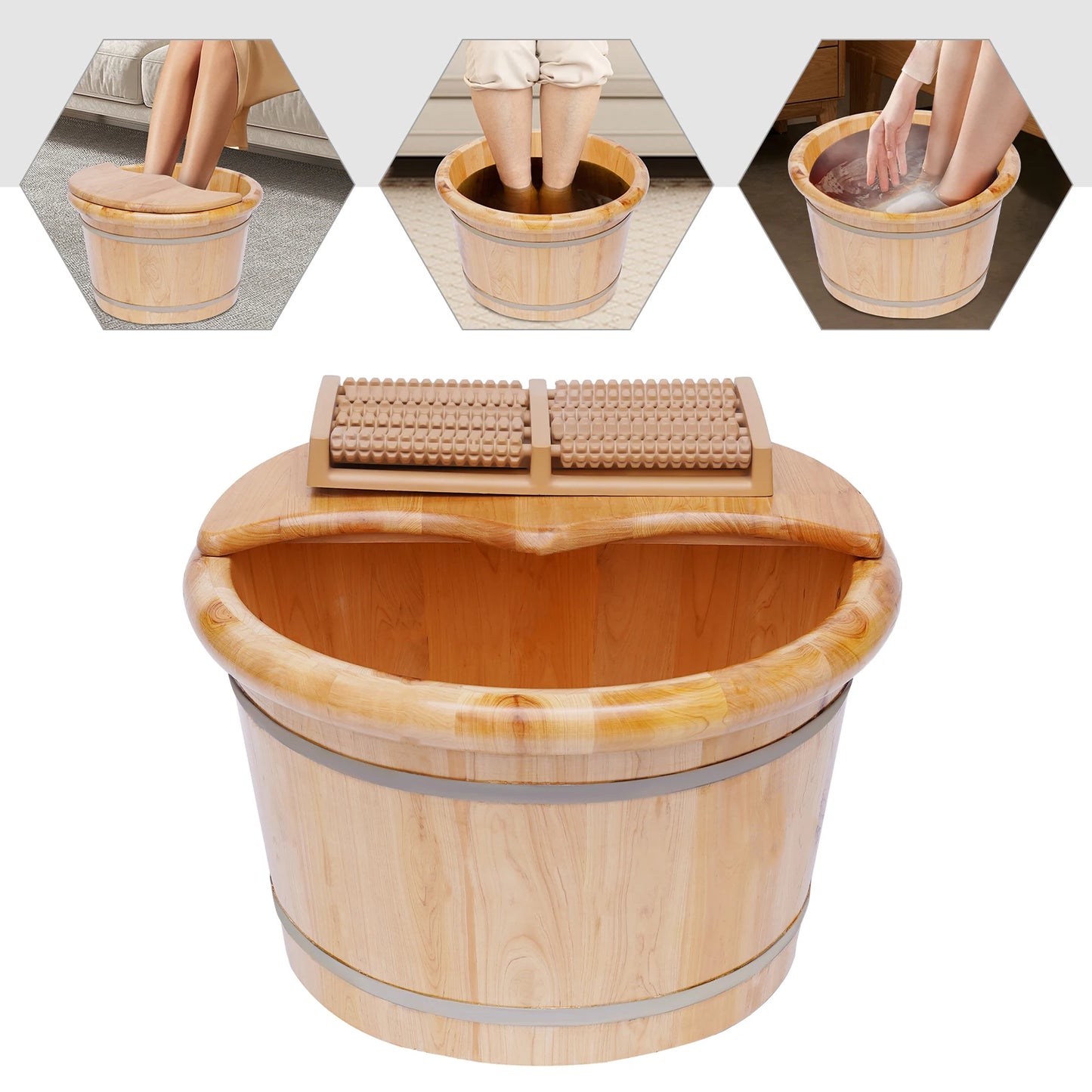 Cedar Wood Foot Bath Tub Lid Massager Solid Wood Handmade Spa Bucket with Massager and Lid