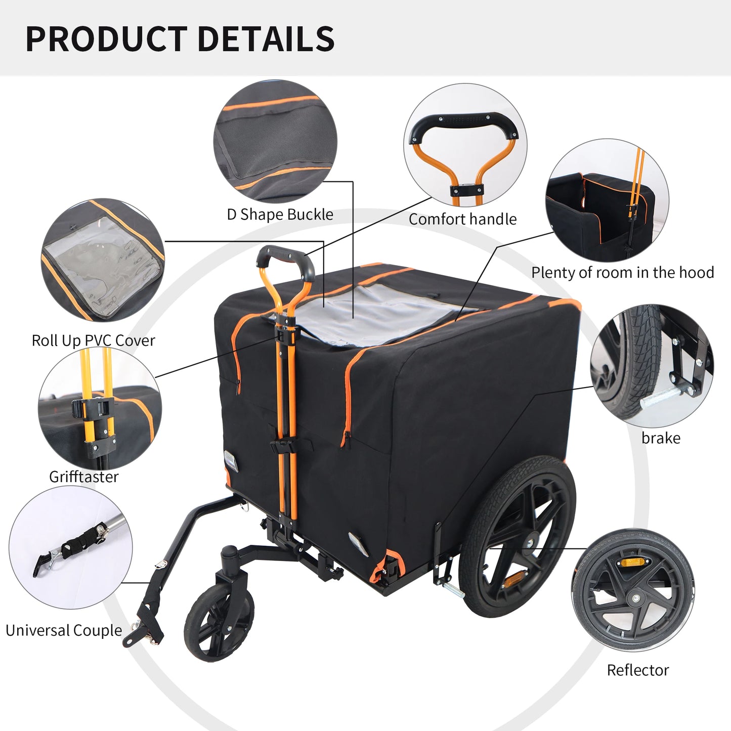 Foldable Pet Jogging Stroller Dog Carriers Bicycle Trailer Orange and Black Ideal for Small Pets