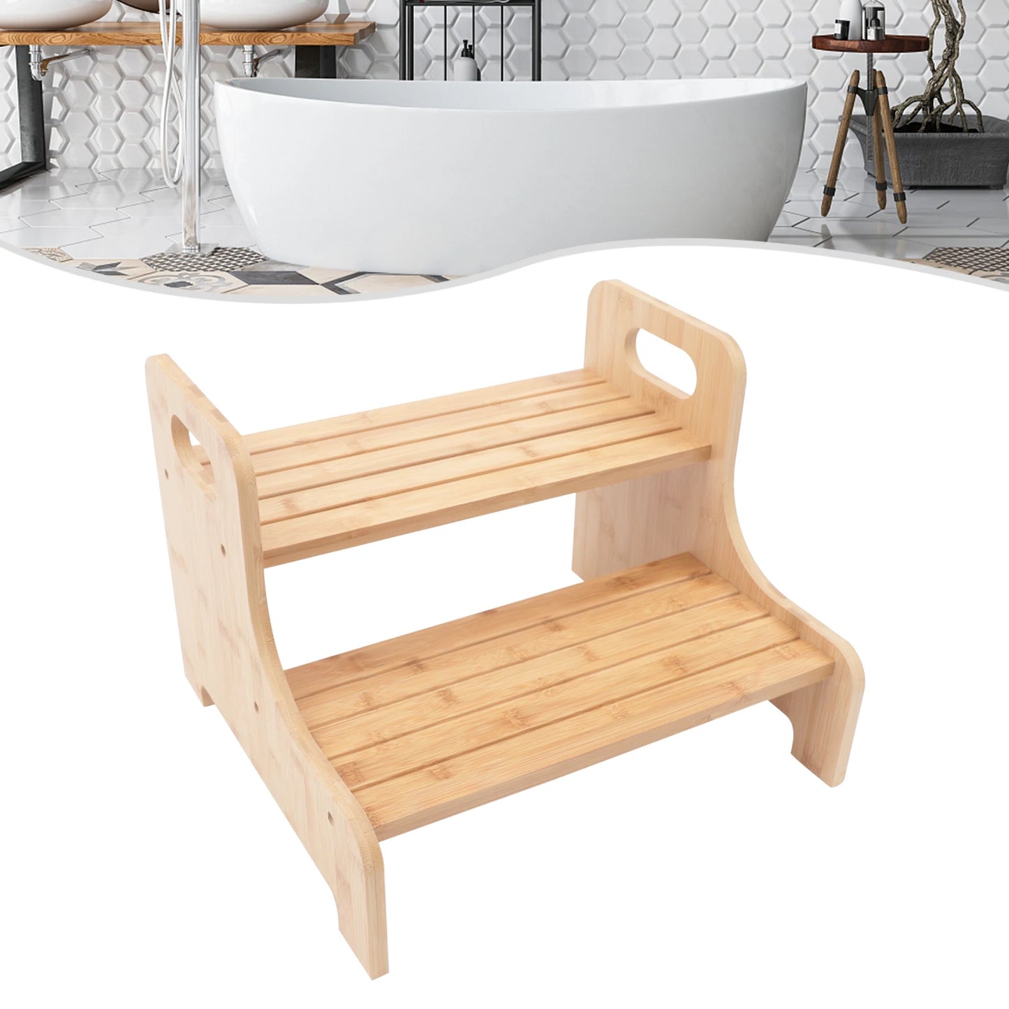 2 Tier Small Step Stool for Elderly and Child Portable Wooden Stepping Stool with Non Skid Foot Pads for Kitchen and Bathroom