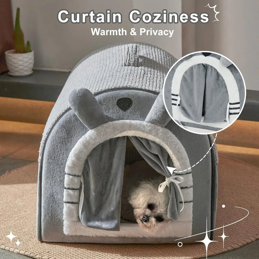 Portable Indoor Dog Cave Bed With Washable Cushion, M Size