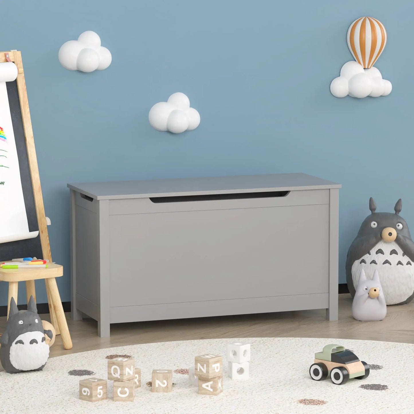 Kids Gray MDF Toy Box With Hinged Lid, Storage For Ages 2+
