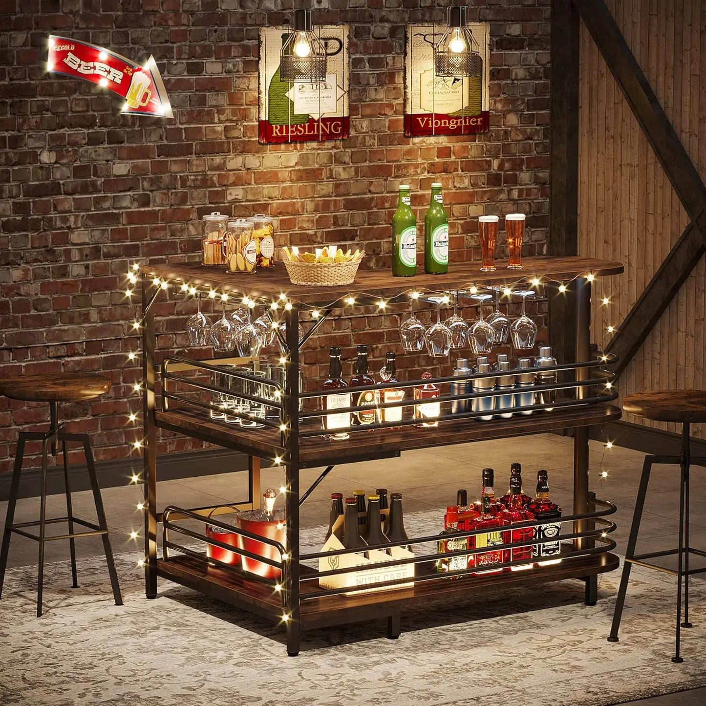 L Shaped Home Bar Unit With 3 Tier Liquor Table And Storage