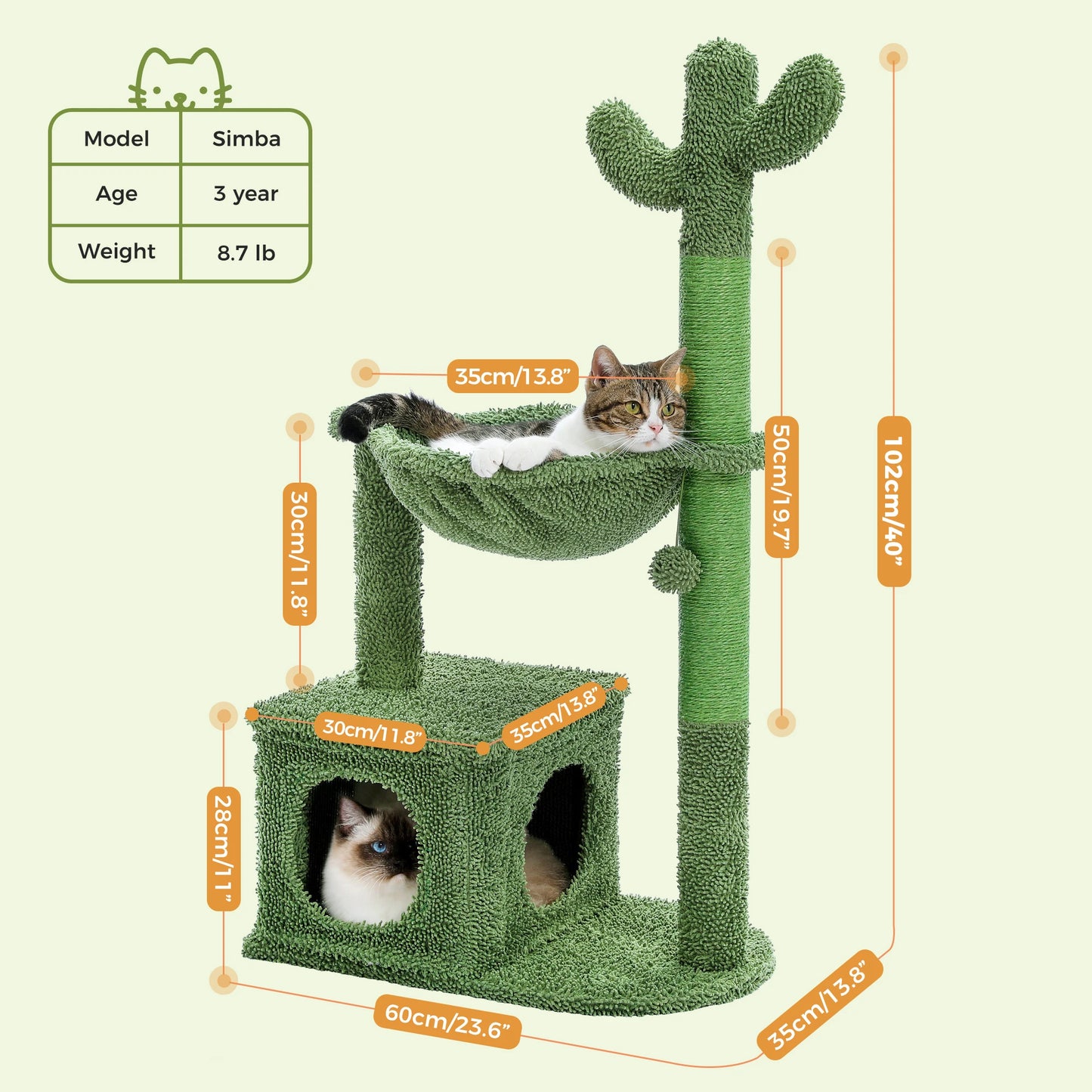 Cactus Cat Tree with Large Condo Hammock Dangling Ball Small Cat Tower Cat Scratching Post for Indoor Use