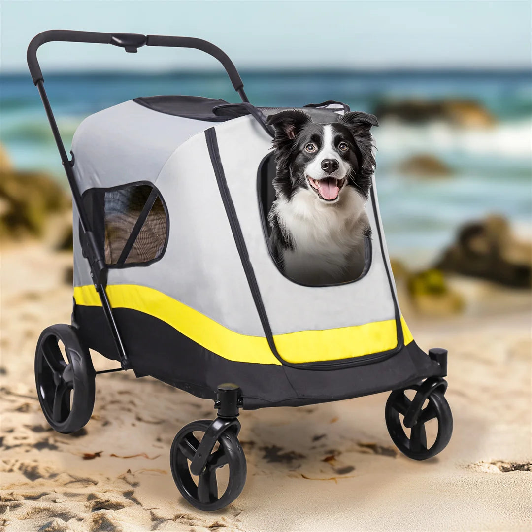 Foldable Dog Stroller With 4 Wheels And Rainproof Cover