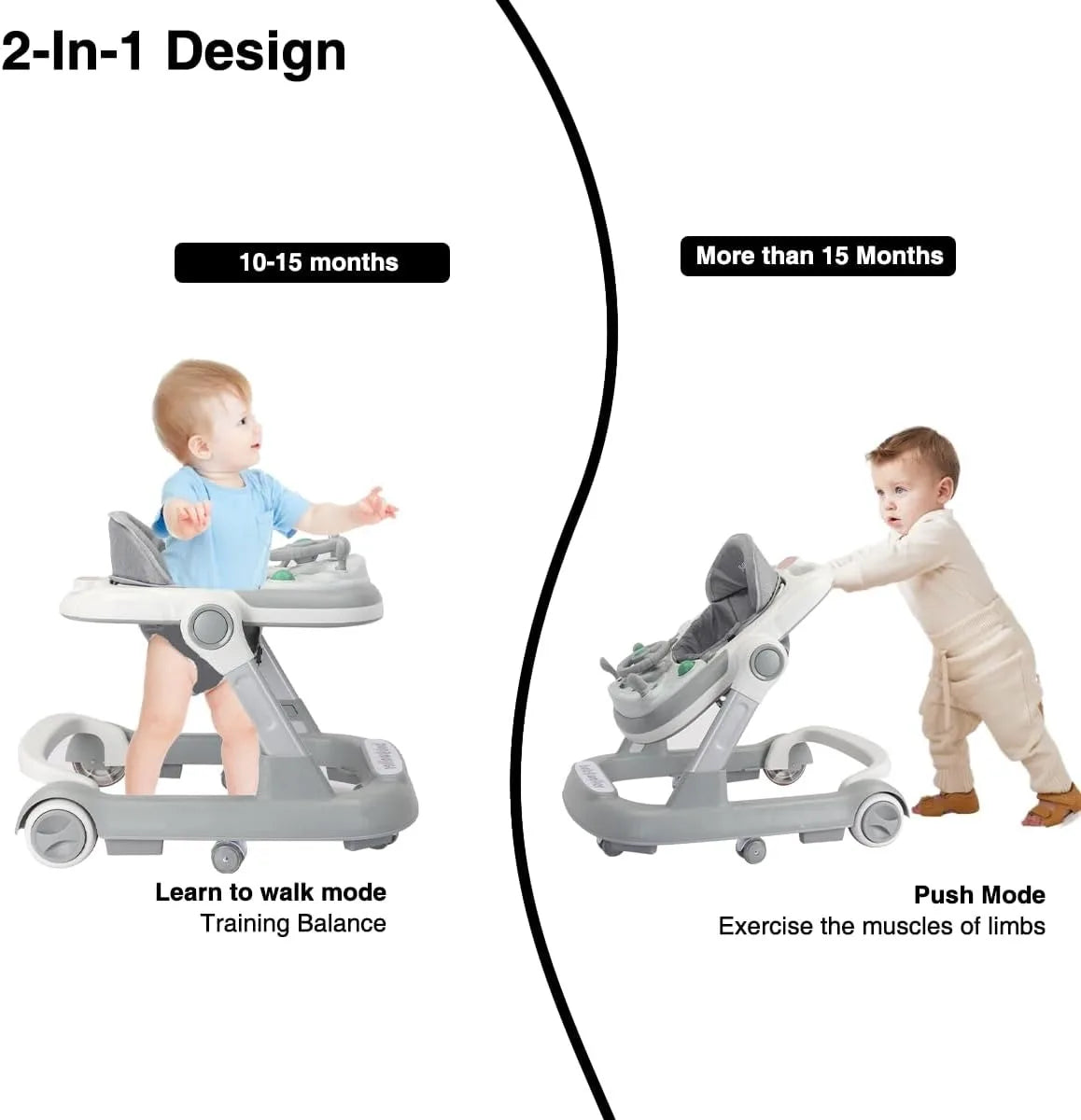 2 in 1 Baby Walker Toddler Push Walker with Removable Feeding Tray and Music Tray Foldable Design