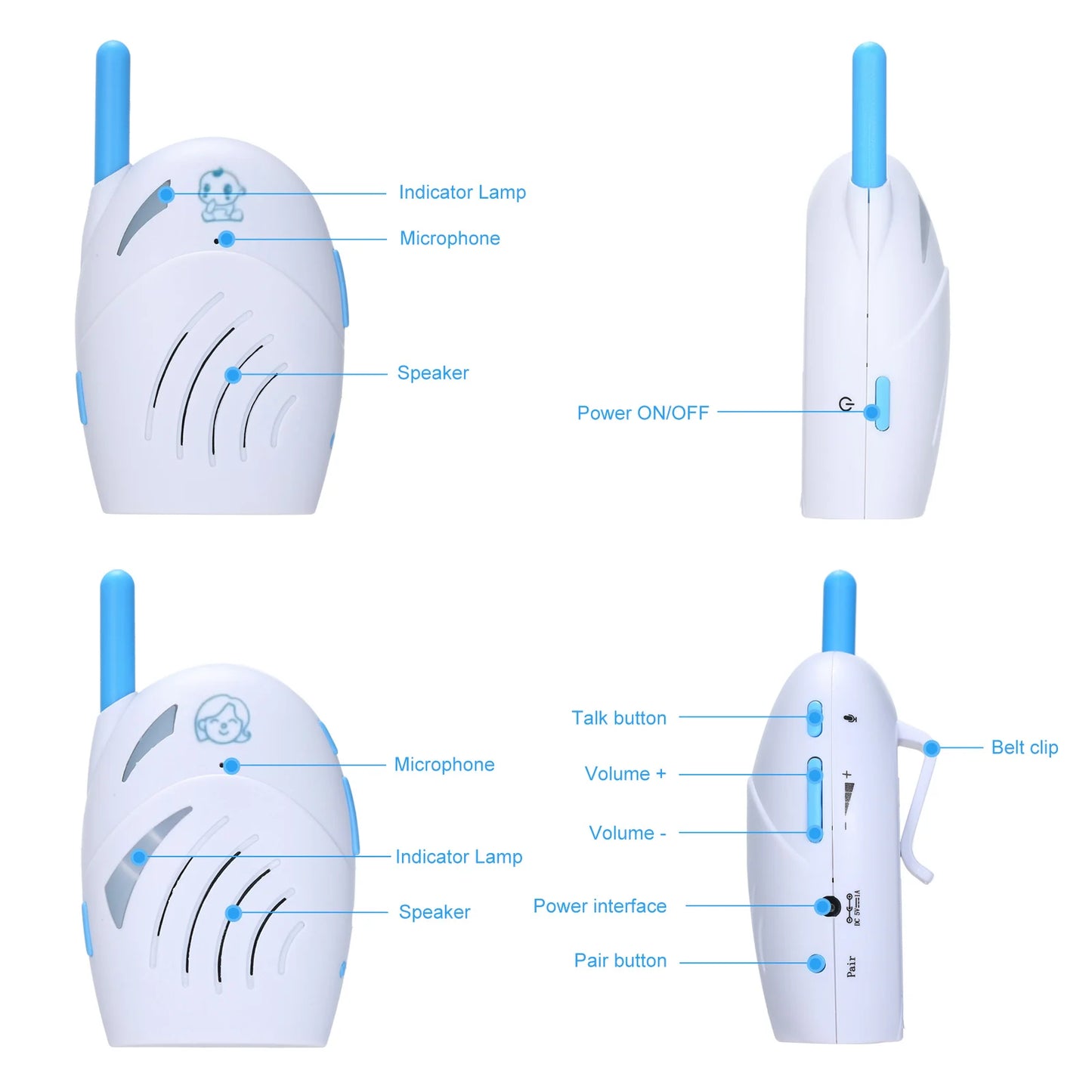 Portable Baby Monitor 2.4GHz Wireless Digital Audio Two Way Talk Crystal Clear Baby Cry Detector