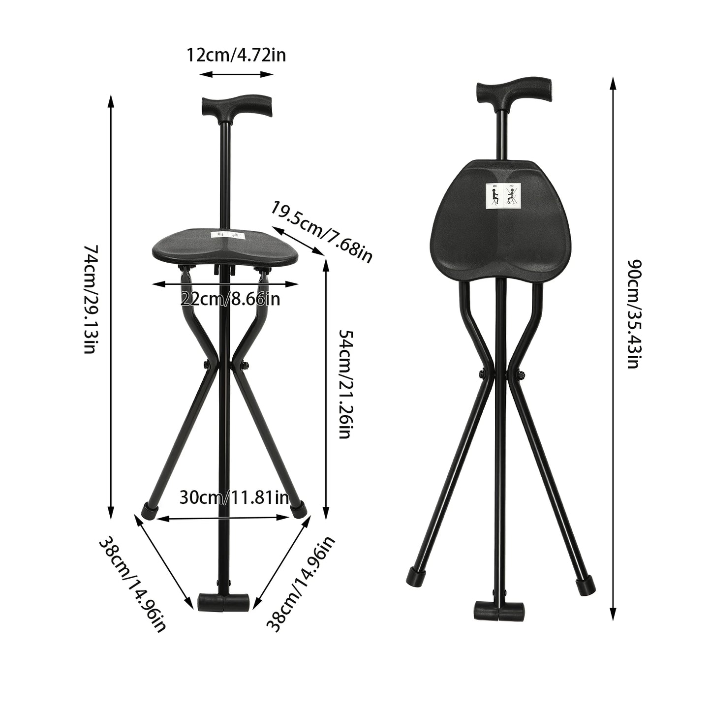 Walking Stick Cane Chair Folding Seat Tripod Stool Elderly Aid Portable 35.4 Inch Tall