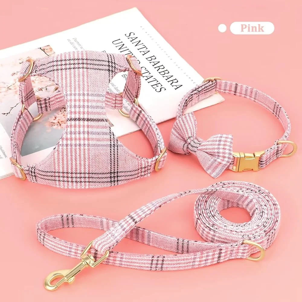 Cute Small Dog Harness Collar Leash Set Adjustable Soft Plaid Design for Extra Small Dogs and Cats Ideal for Walks and Parties