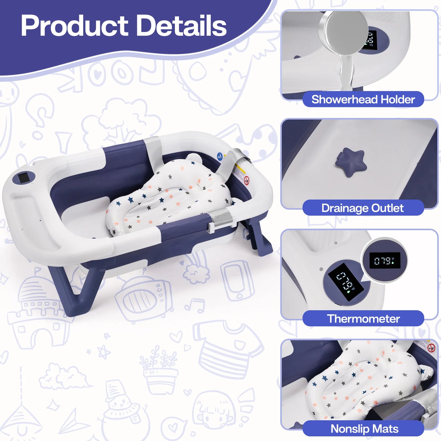 Baby Bathtub with Soft Cushion and Thermometer Portable Travel Baby Tub for Newborn to Toddler 0 to 36 Months