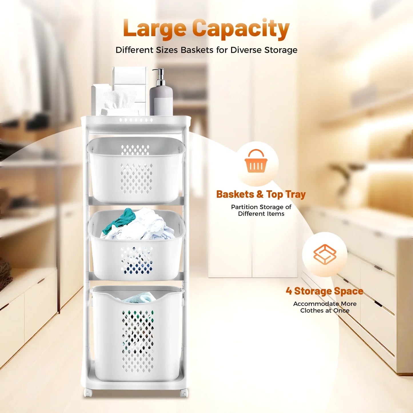 3 Tier Laundry Basket 360 Degree Rolling Wheels 25Kg Load