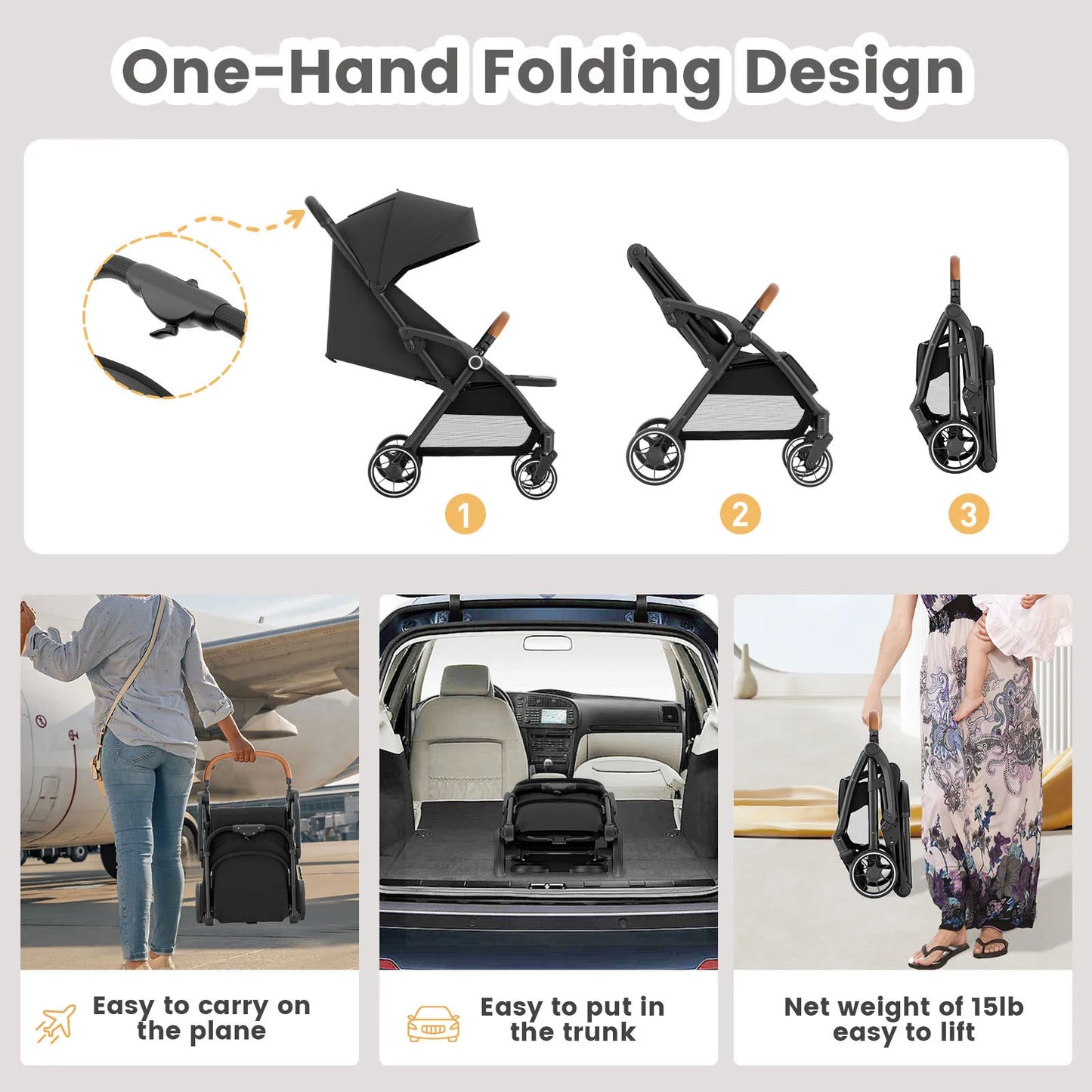 Standard Stroller Seat Foldable Portable Newborn Stroller Luxury Baby Carriage Suit for Baby and Toddlers 360 Degree Swivel Seat