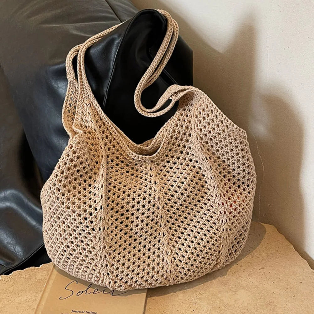 Women Knitting Shoulder Bag Solid Color Crochet Hobo Bag