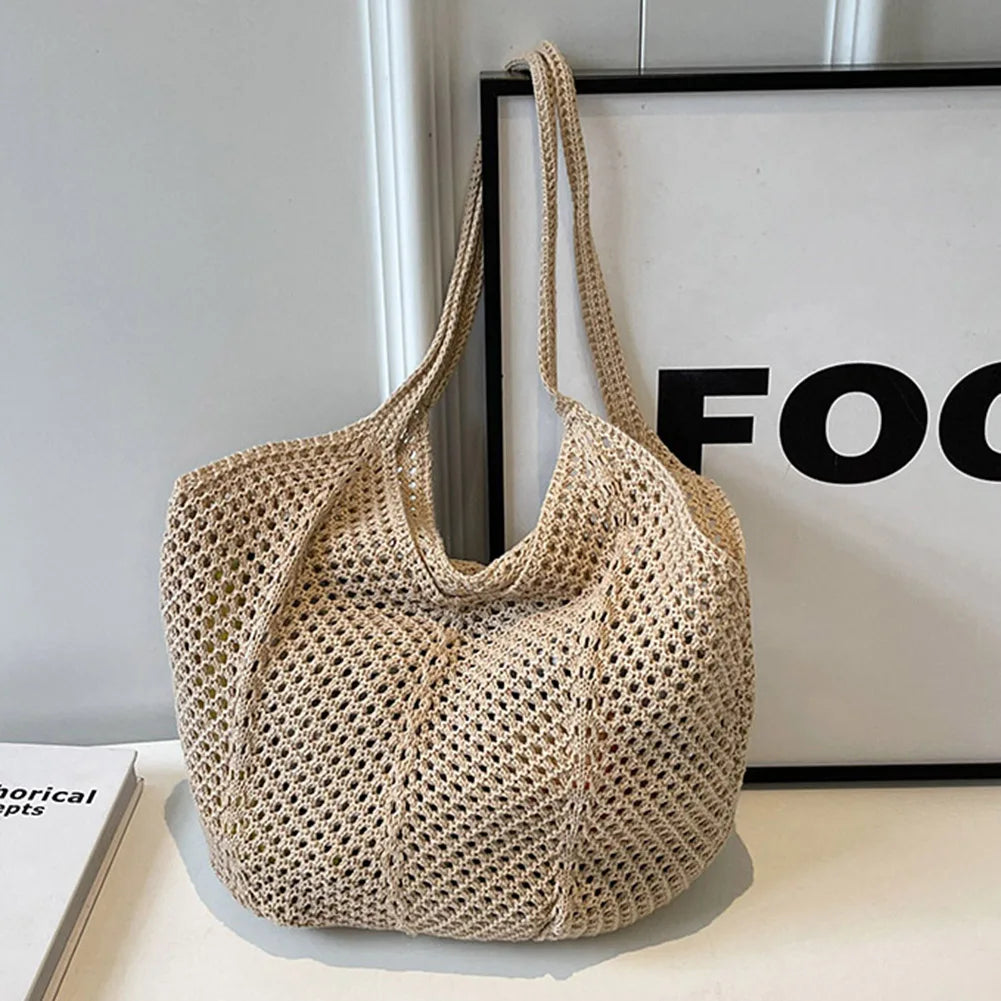 Women Knitting Shoulder Bag Solid Color Crochet Hobo Bag