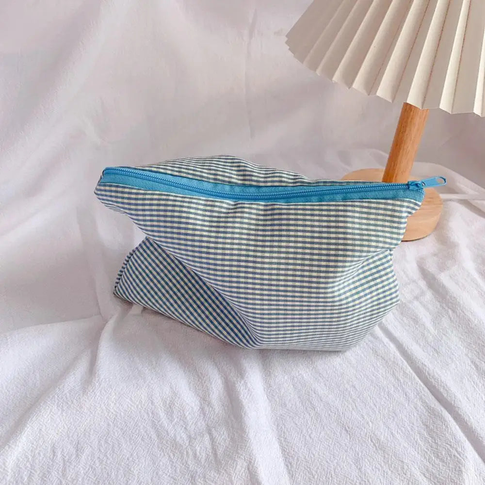 Plaid Makeup Bag Women Cotton Linen Cosmetic Zipper Pouch