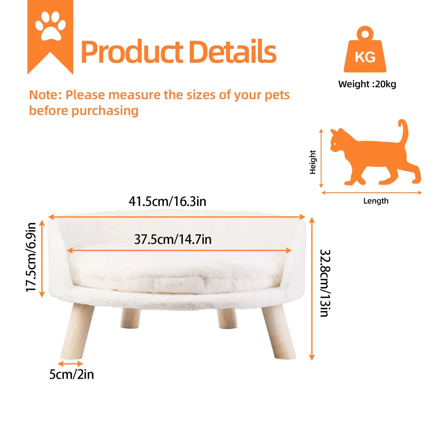 BINGOPAWCN Pet Sofa Bed Raised Cat Chair And Small Dog Couch Removable Cushion