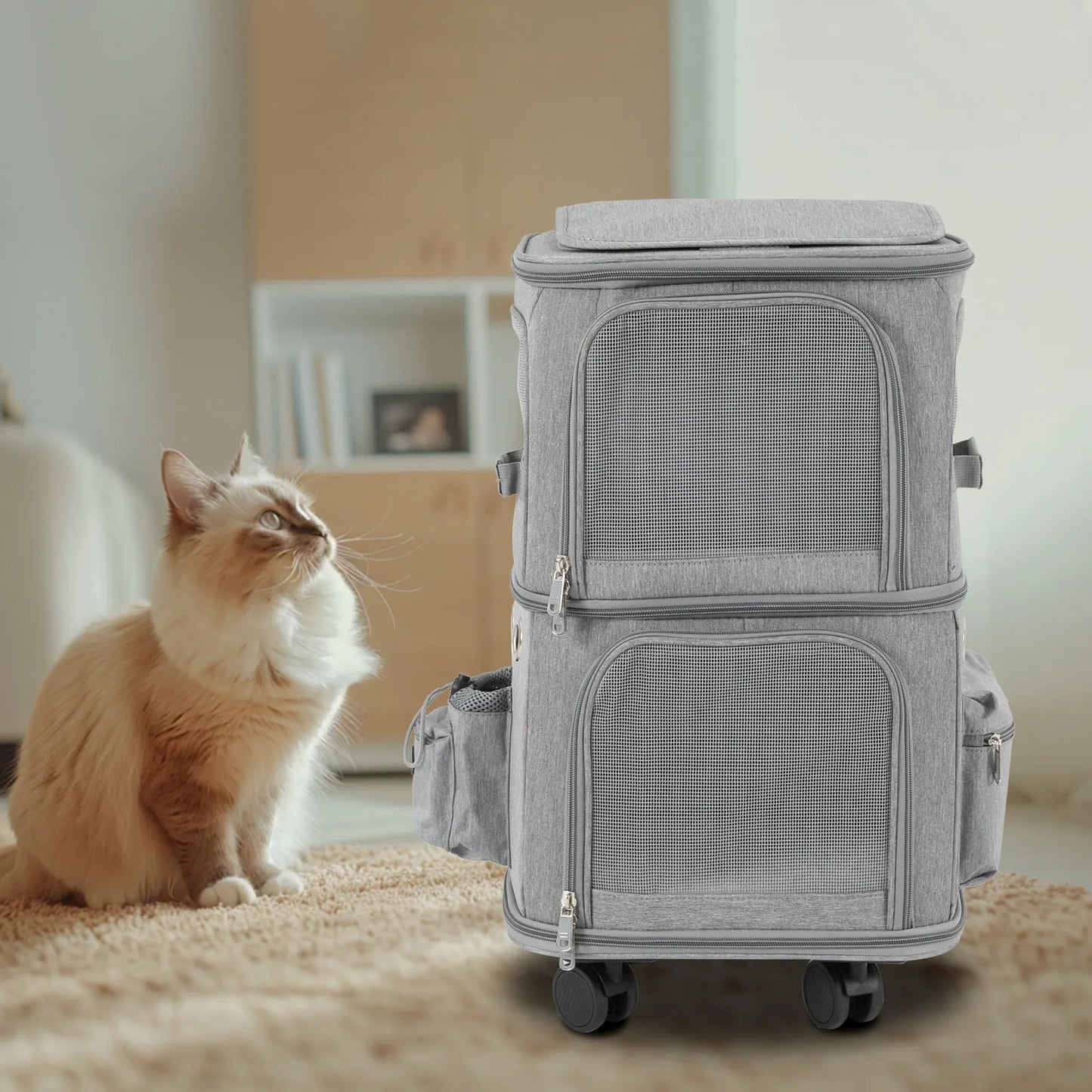 Cat Carrier Double Compartment Pet Rolling Carrier with Wheels Super Ventilated Design Ideal for Traveling Hiking Camping