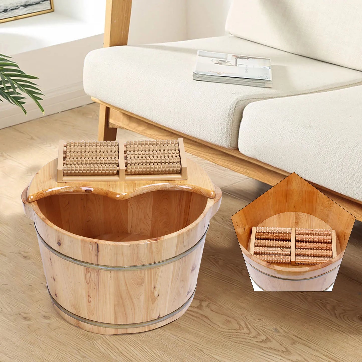 Cedar Wood Foot Bath Tub Lid Massager Solid Wood Handmade Spa Bucket with Massager and Lid