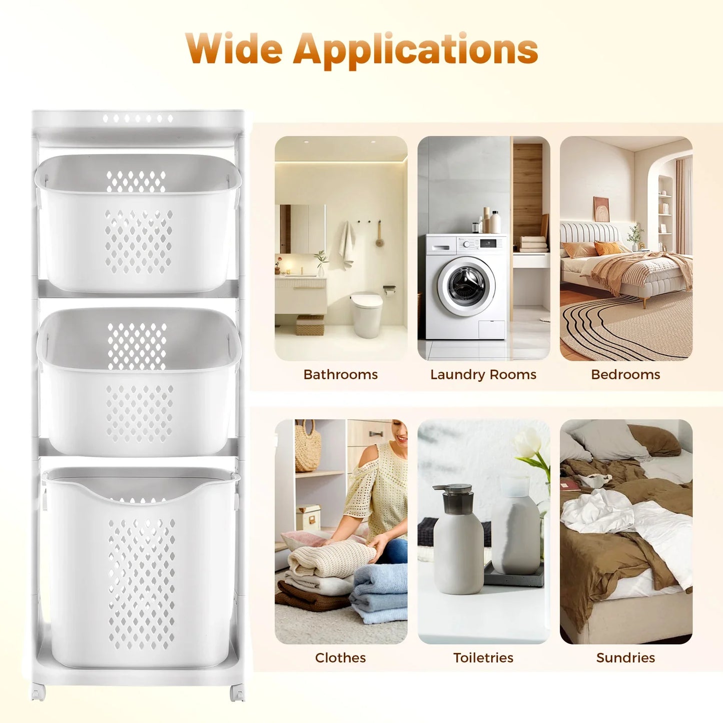 3 Tier Laundry Basket 360 Degree Rolling Wheels 25Kg Load