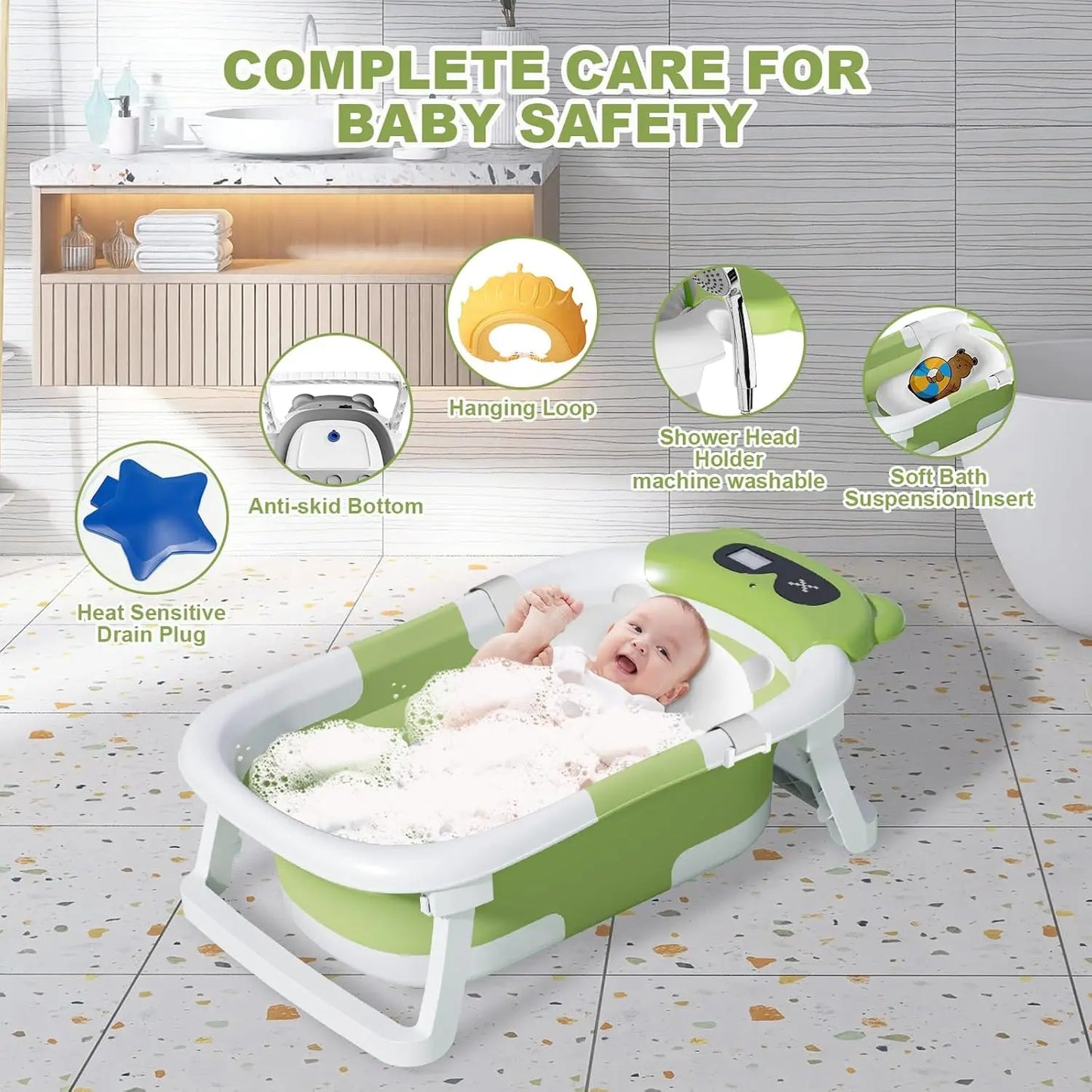 Foldable Baby Bathtub with Thermometer and Floating Cushion for Infants and Toddlers 0 to 36 Months
