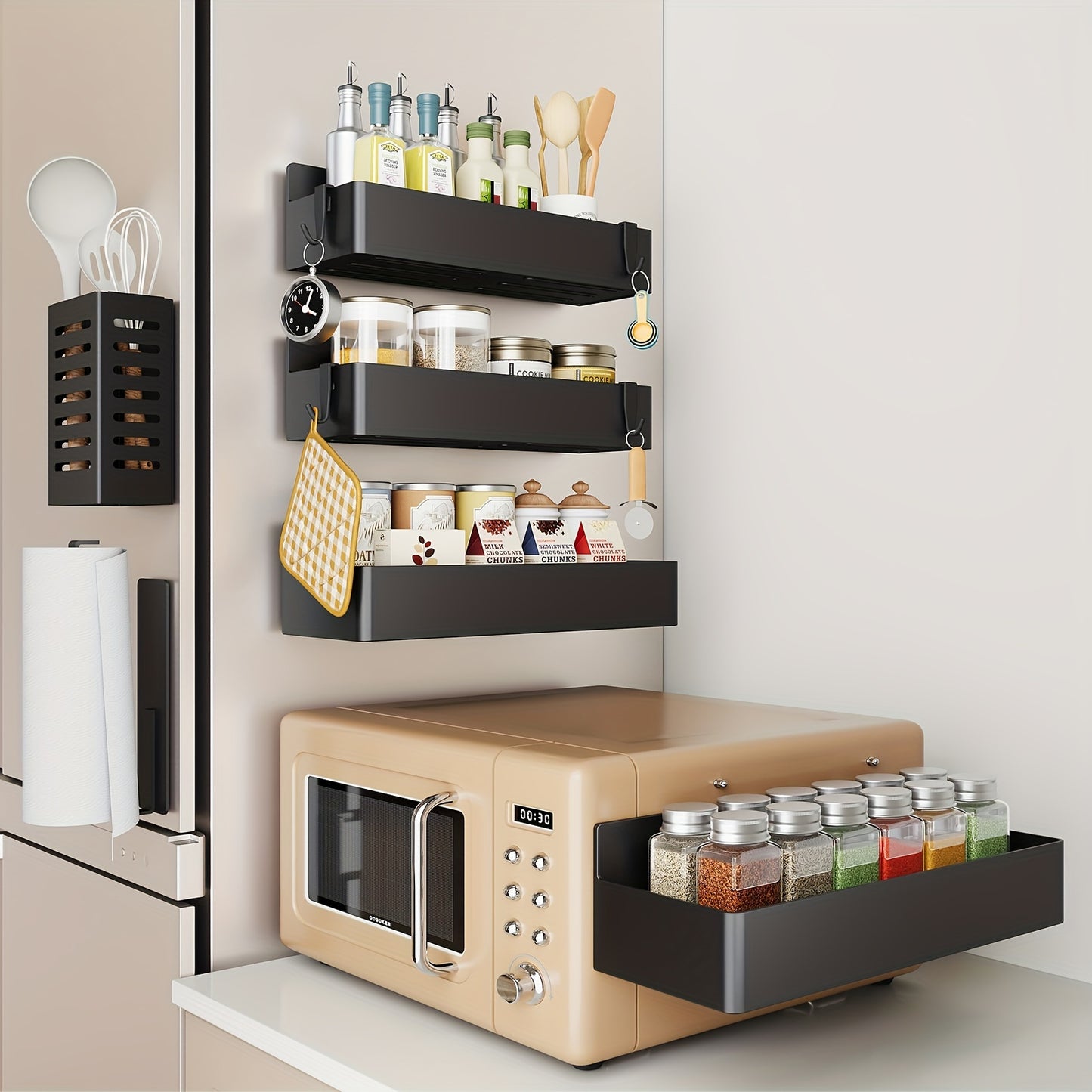 Magnetic Refrigerator Spice Organizer Set With Towel Holder And Hooks