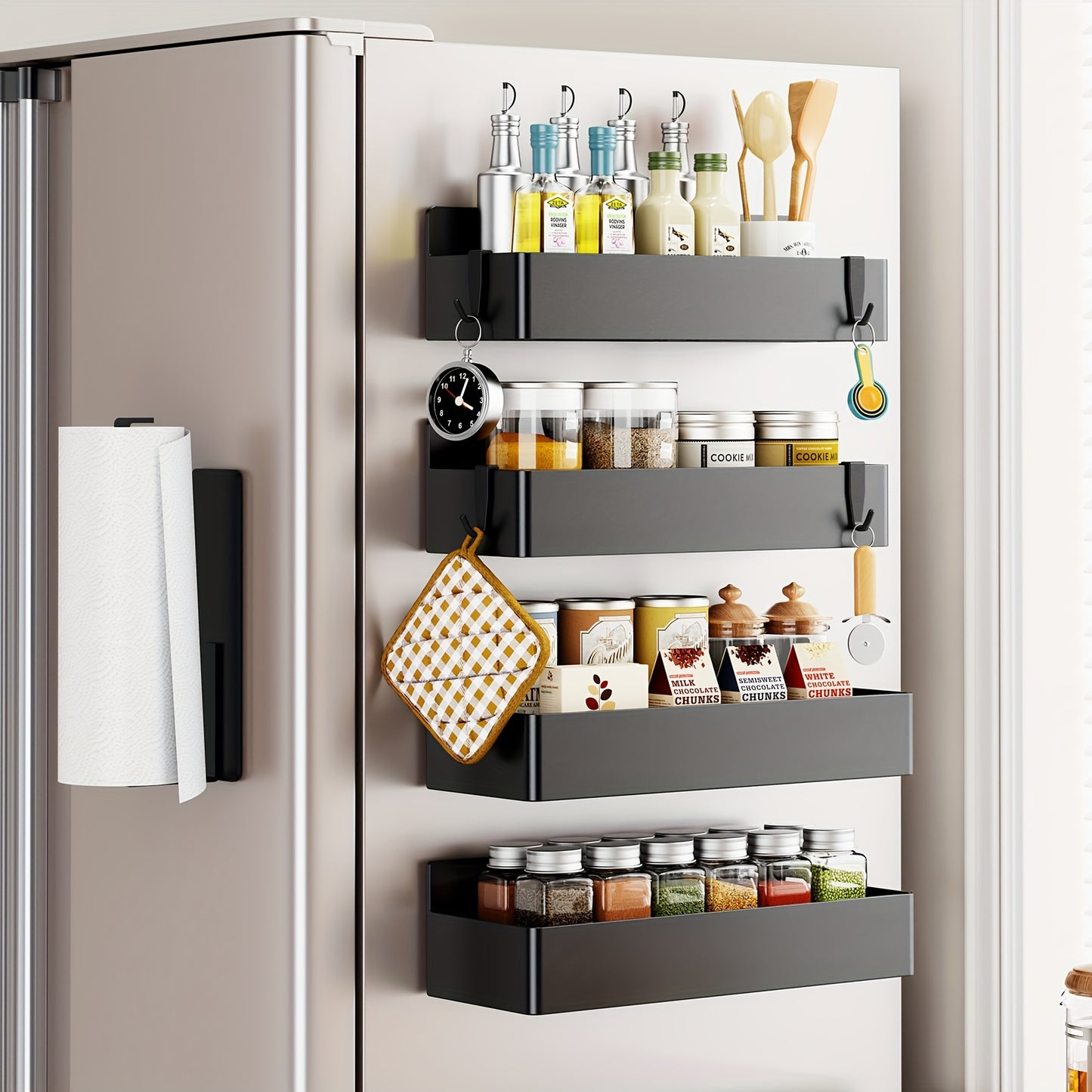 Magnetic Refrigerator Spice Organizer Set With Towel Holder And Hooks