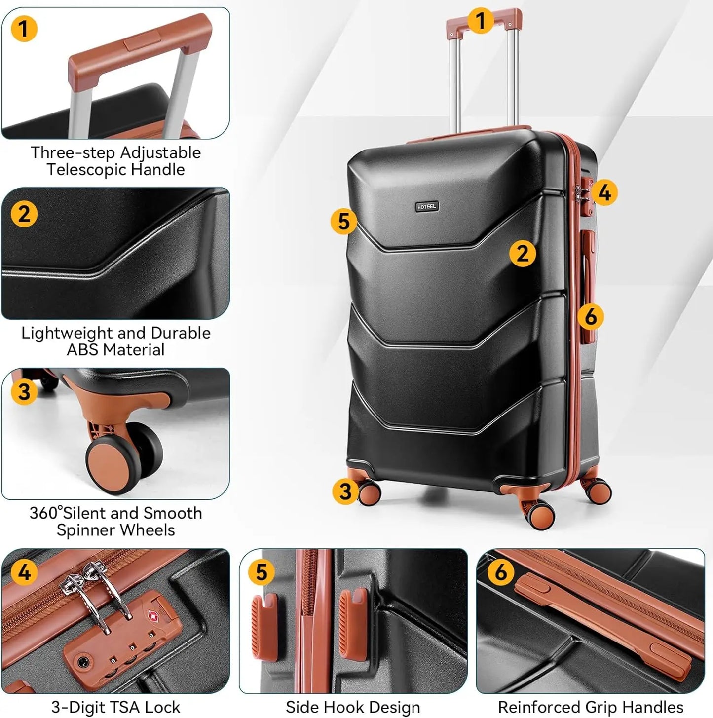 HOTEELCN 3 Piece ABS Hardside Luggage Set Spinner Wheels