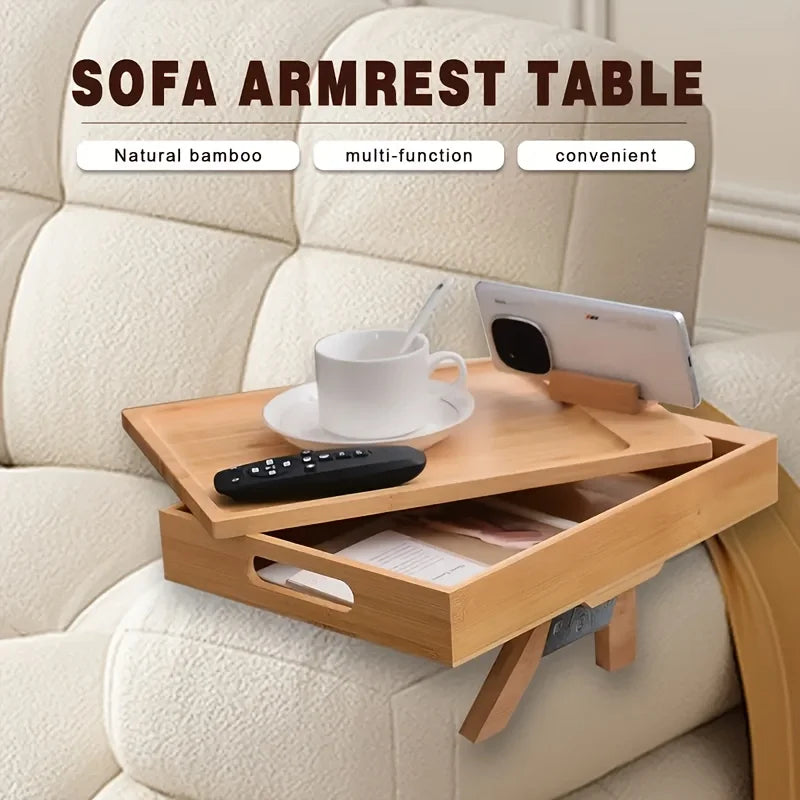 Hign-concerned Bamboo Adjustable Sofa Armrest Tray Table Storage