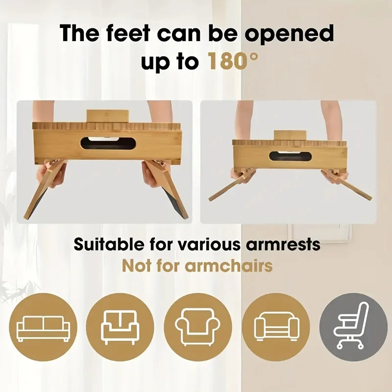 Hign-concerned Bamboo Adjustable Sofa Armrest Tray Table Storage