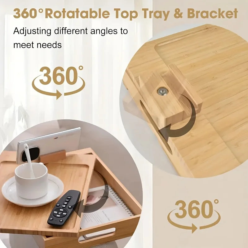 Hign-concerned Bamboo Adjustable Sofa Armrest Tray Table Storage