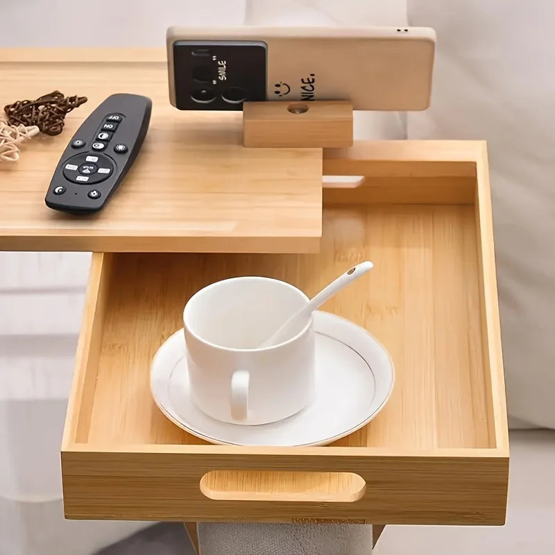 Hign-concerned Bamboo Adjustable Sofa Armrest Tray Table Storage