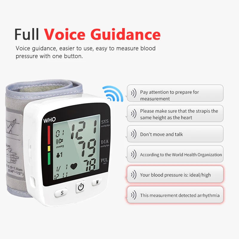 Digital Blood Pressure Monitor Wrist Tensiometer Electronic Sphygmomanometer Tonometer with LCD Display and 90 Memory Rechargeable Battery