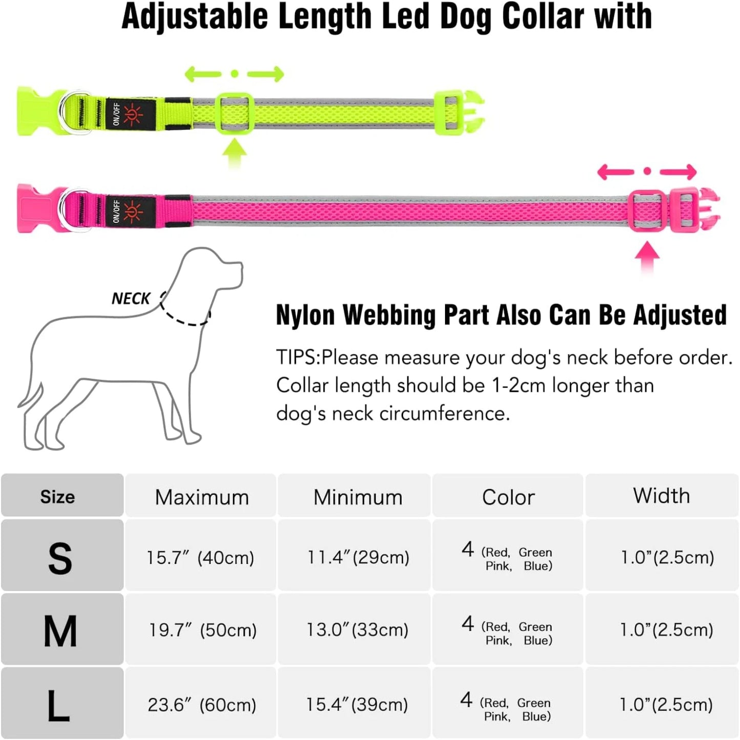 Comfortable Neon Green LED Dog Collar Lights for Small Medium Large Dogs USB Rechargeable Adjustable Soft Mesh