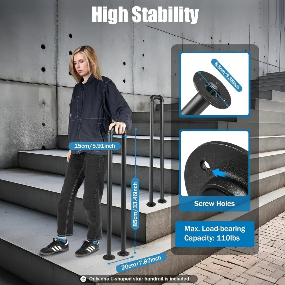 Stair Handrail Matte Black U Shaped Industrial Wrought Iron Railing Non Slip Safety Indoor Outdoor Children's Support Poles