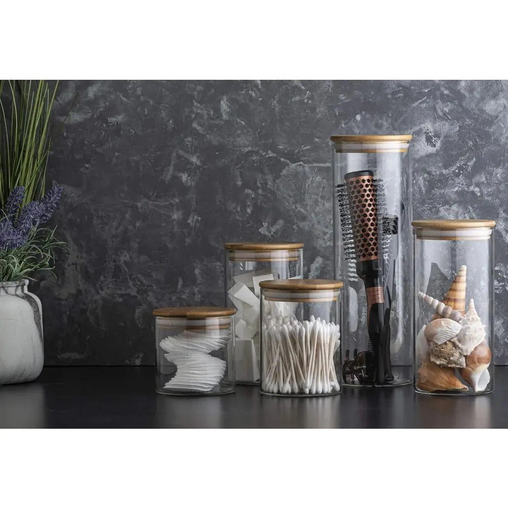 Set Of 5 Glass Kitchen Canisters With Airtight Bamboo Lids