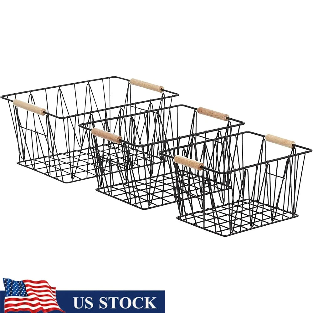 Set Of 3 Rectangular Wire Storage Baskets With Wood Handles