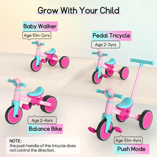 5 In 1 Kids Tricycle For Toddlers 1 To 3 Baby Balance Bike Toy With Push Handle And Removable Pedals