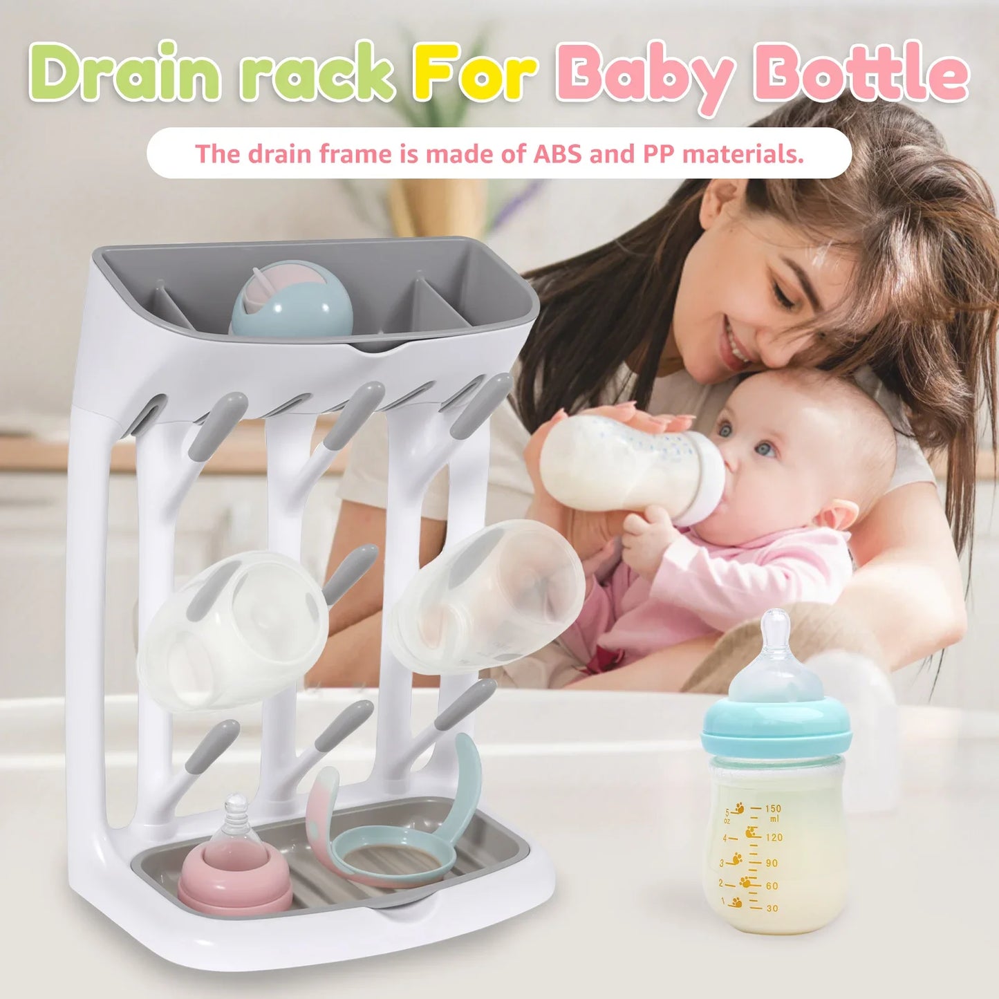 Baby Bottle Drying Rack For Countertop With Detachable Tray