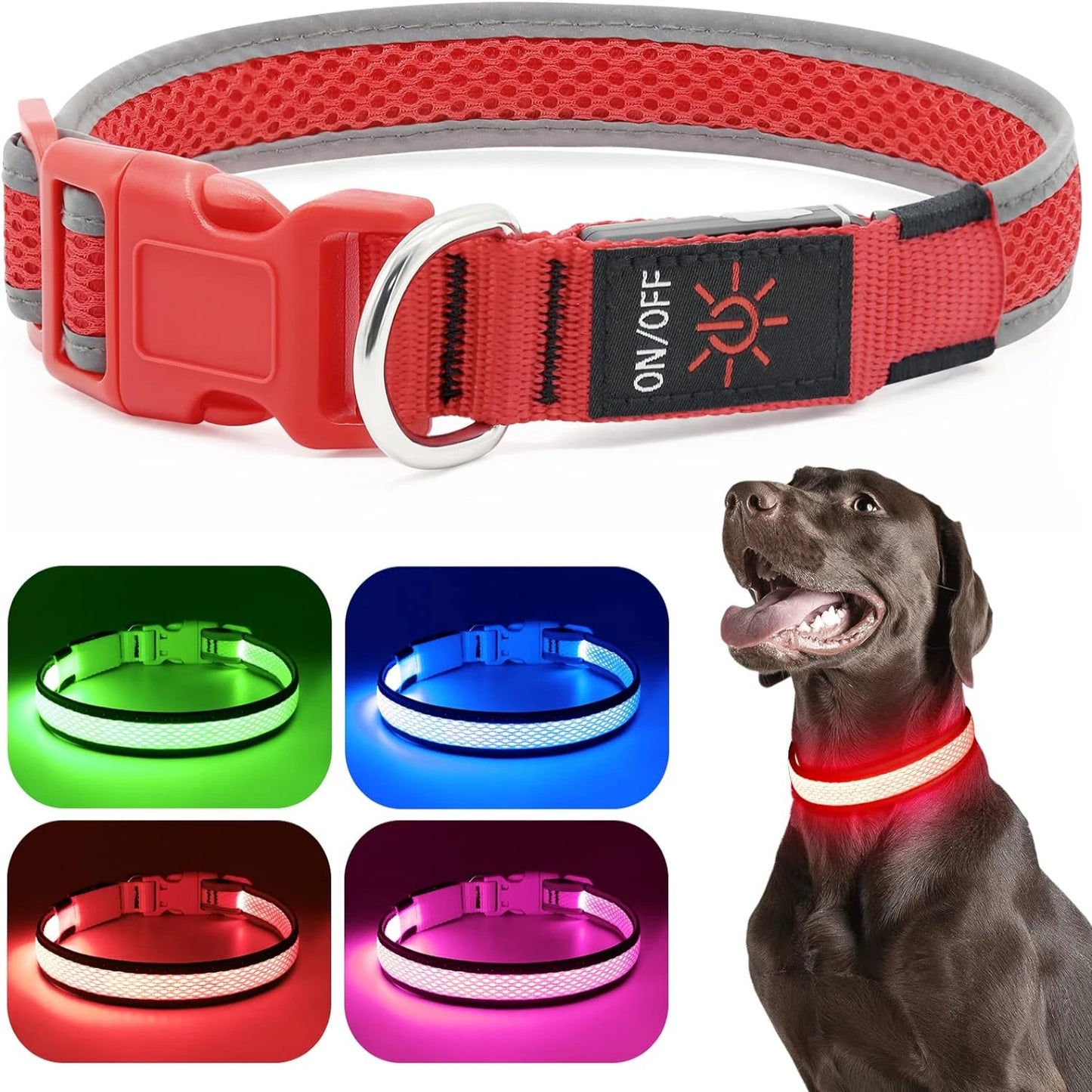 Comfortable Neon Green LED Dog Collar Lights for Small Medium Large Dogs USB Rechargeable Adjustable Soft Mesh