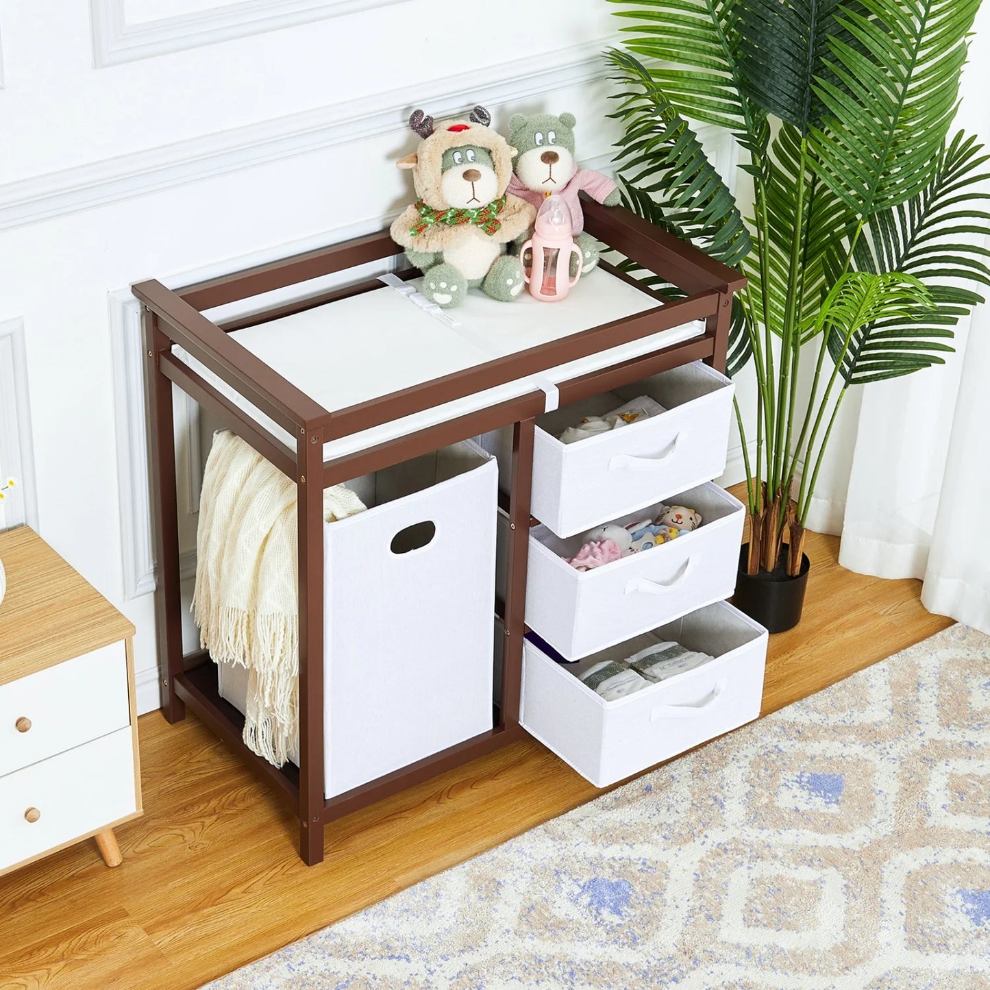 Wooden Diaper Changing Table Dresser With Laundry Hamper And Drawers
