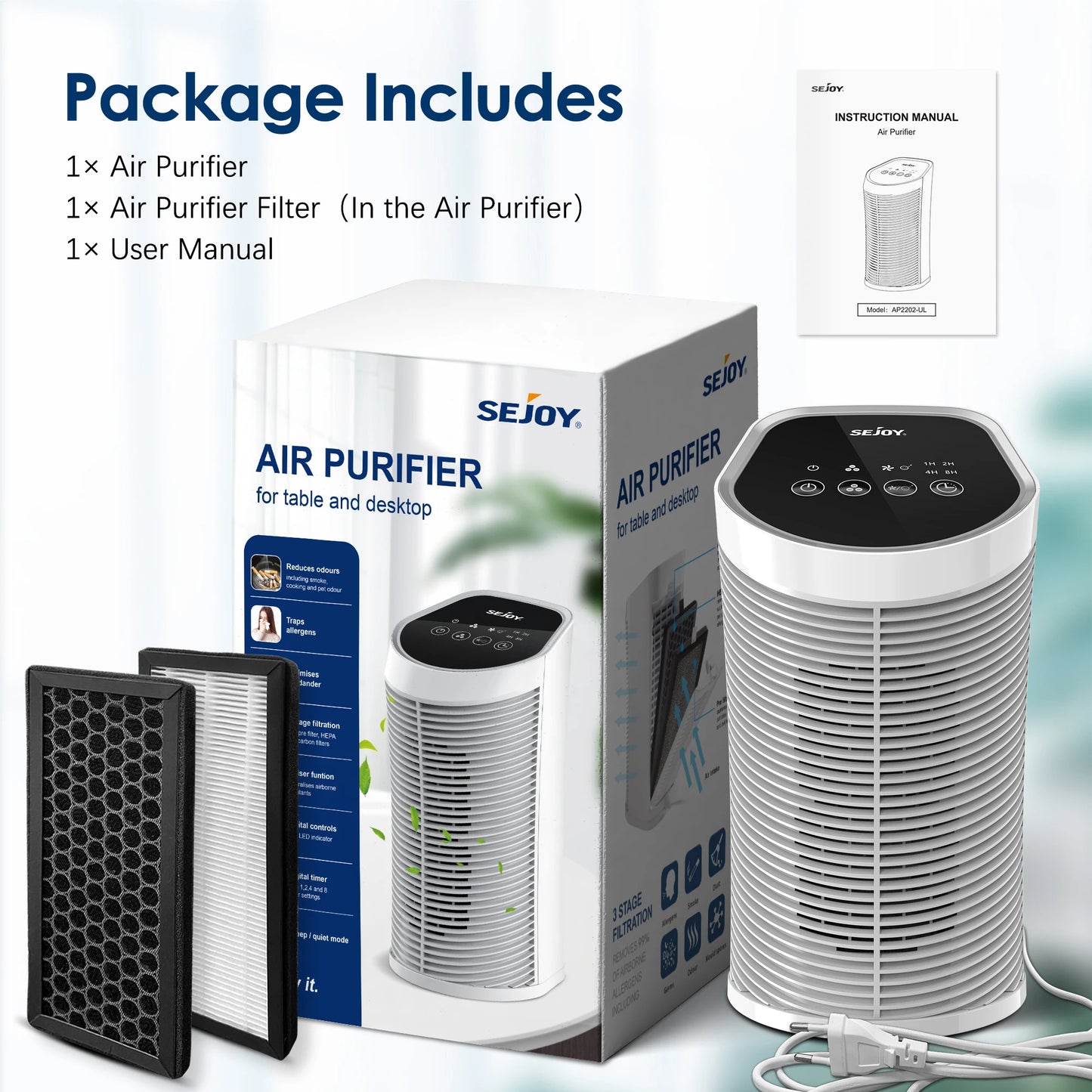 Sejoy Air Purifier With HEPA Filter Ionizer Three Speeds