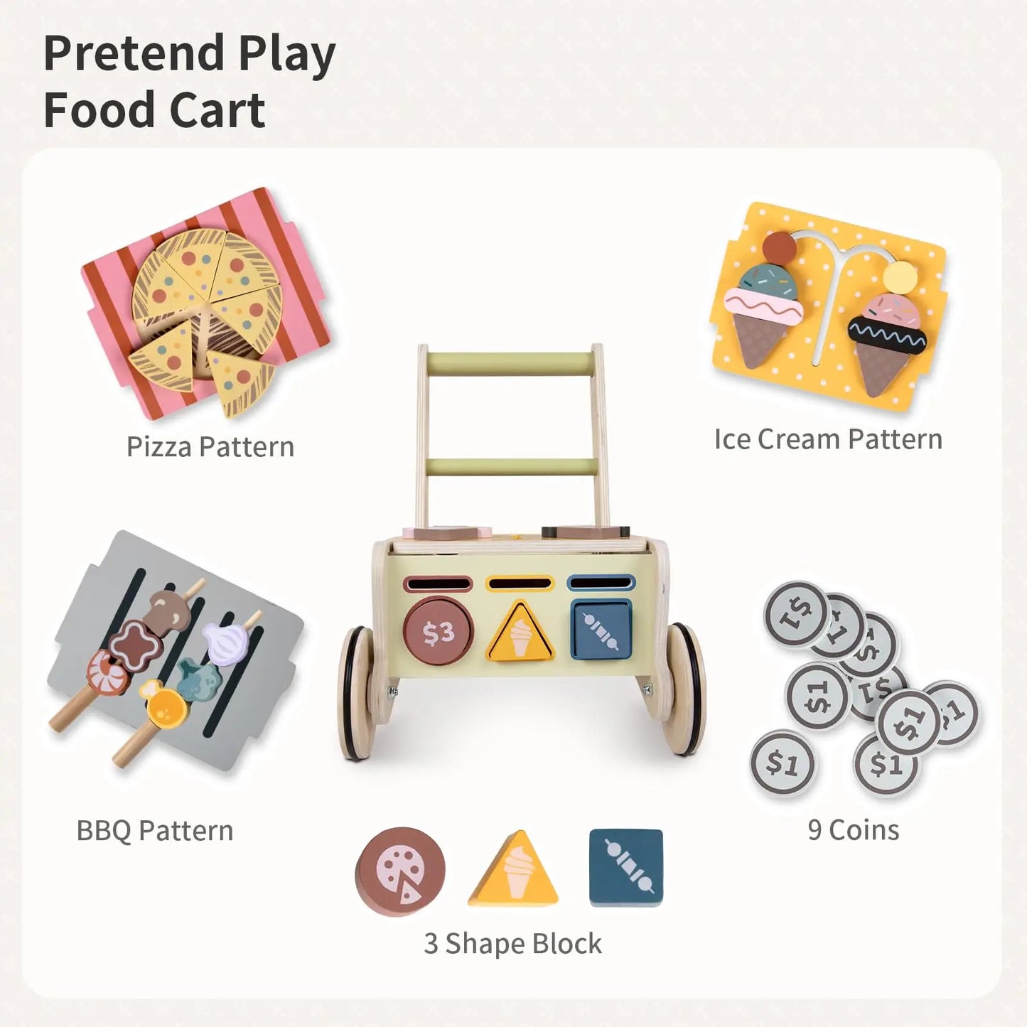 Wooden Baby Push Walker Shopping Cart And Activity Center