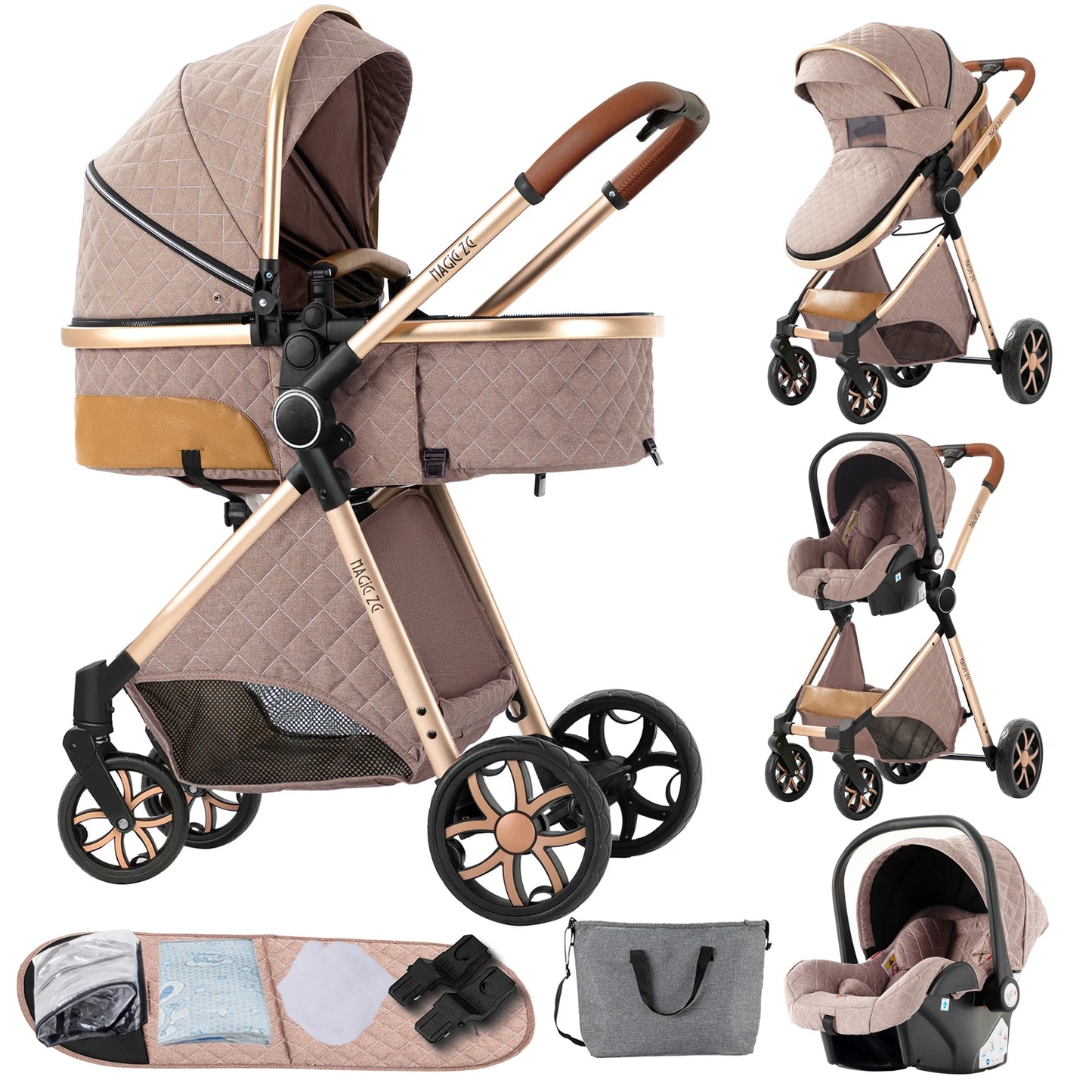 Baby Stroller 3 in 1 Travel System Pushchair Lightweight Pram All Terrain Baby Buggy Compact Fold Stroller