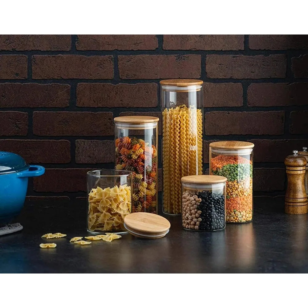 Set Of 5 Glass Kitchen Canisters With Airtight Bamboo Lids