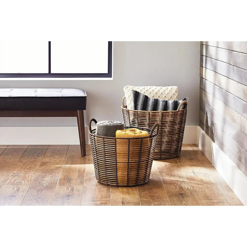 Extra Large Round Poly Rattan Storage Basket With Handles