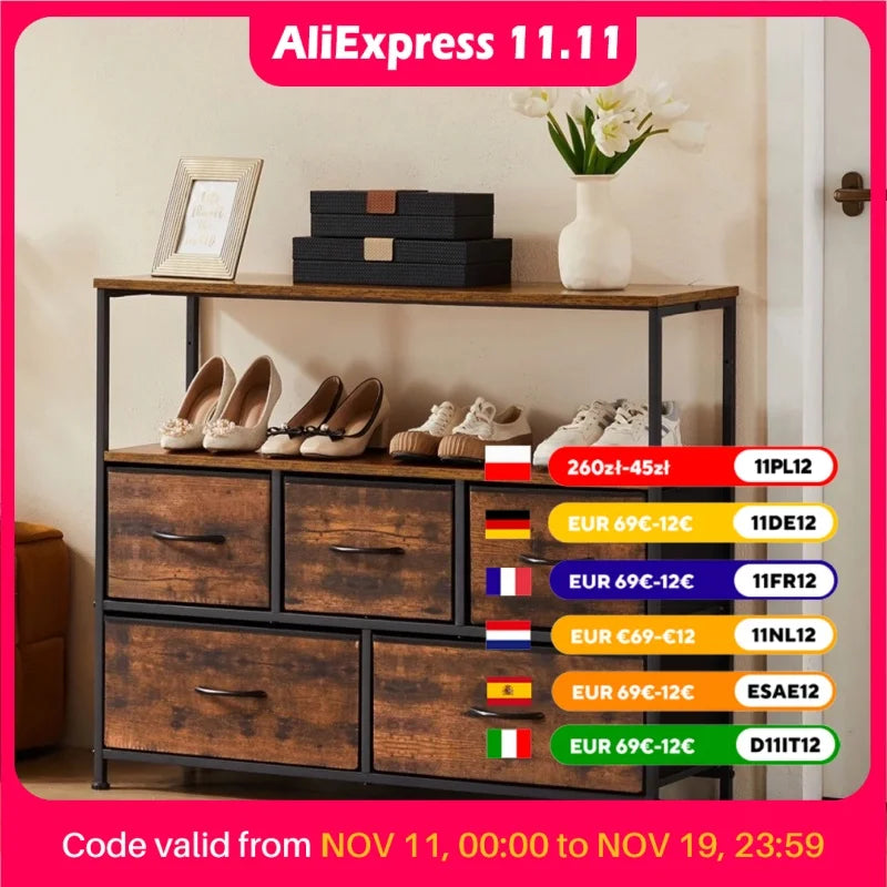 JHK Shoe Cabinet Dresser With 5 Fabric Drawers TV Stand