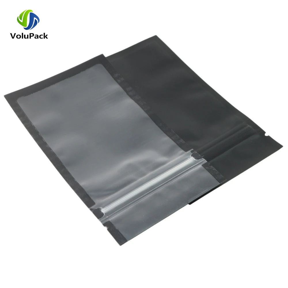 Heat Sealable Flat Plastic Mylar Packaging Bags Reusable Eco Friendly Zipper Matte Black Zip Lock Pouch With Frosted Window