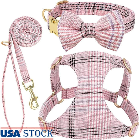 Cute Small Dog Harness Collar Leash Set Adjustable Soft Plaid Design for Extra Small Dogs and Cats Ideal for Walks and Parties