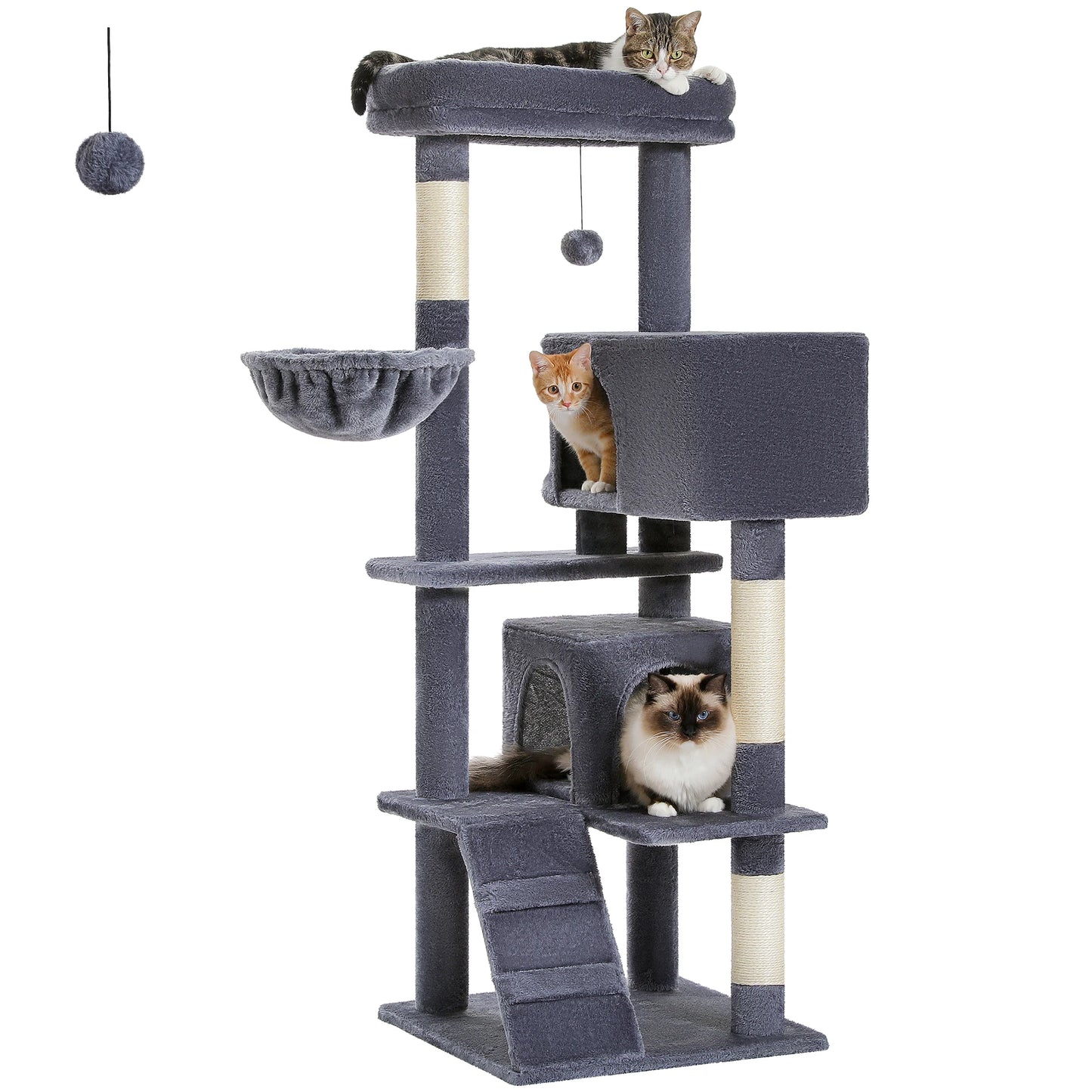 56.3 Inch Cat Tree for Large Cats with Super Large Top Perch Plush Hammock Dangling Pompom and Cat Scratching Post